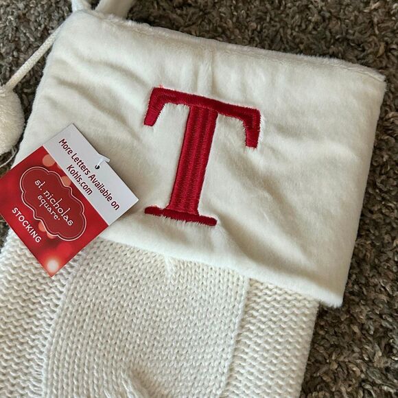Winter White Knit Christmas Stocking 21” Monogram Initial T | w Plush Cuff NEW - Picture 5 of 5